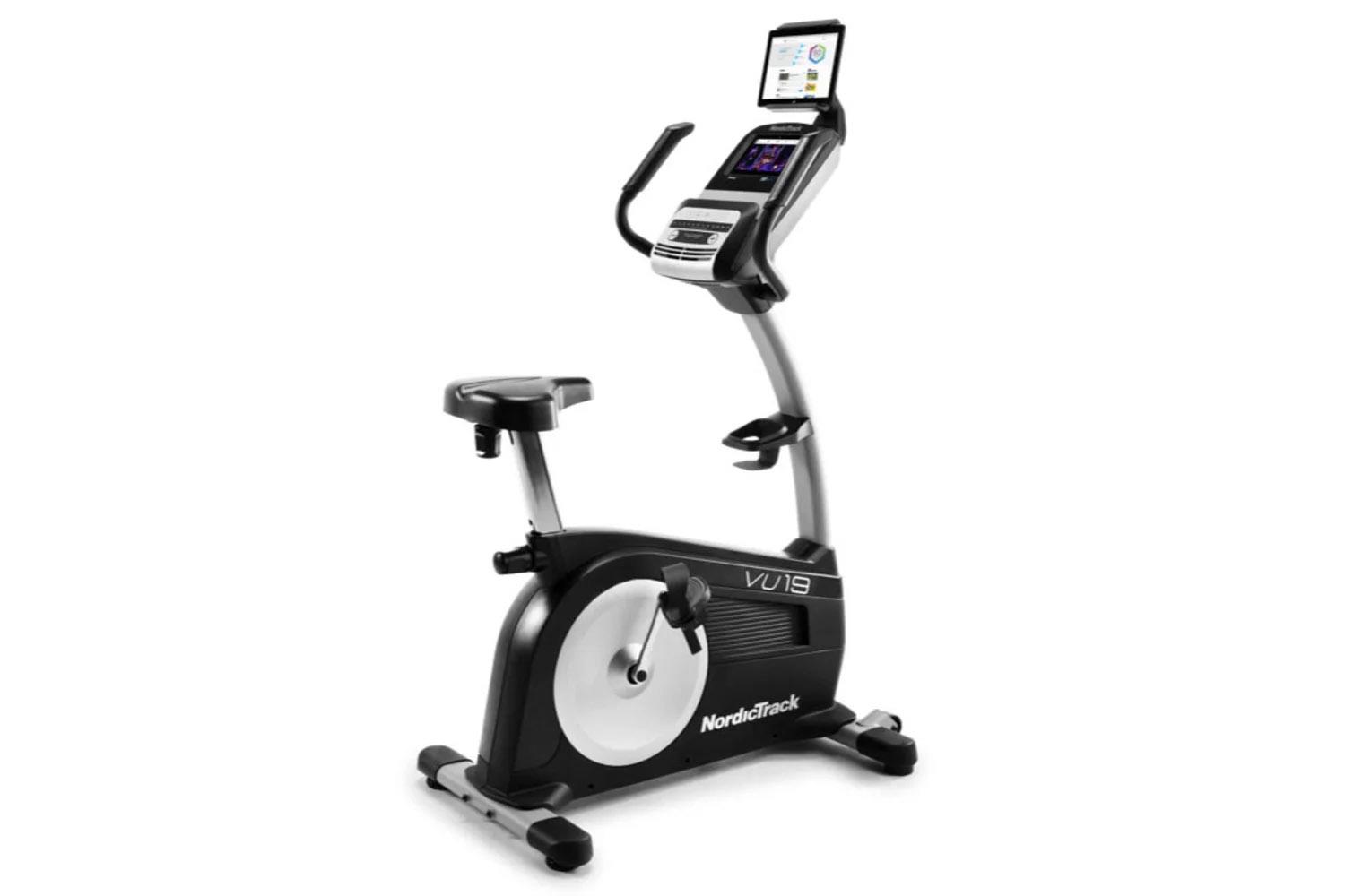 The Commercial VU19 Stationary Bike includes 28 workouts and can be used with iFit. Given its 19-­pound drive, this machine can support great cardio workouts.