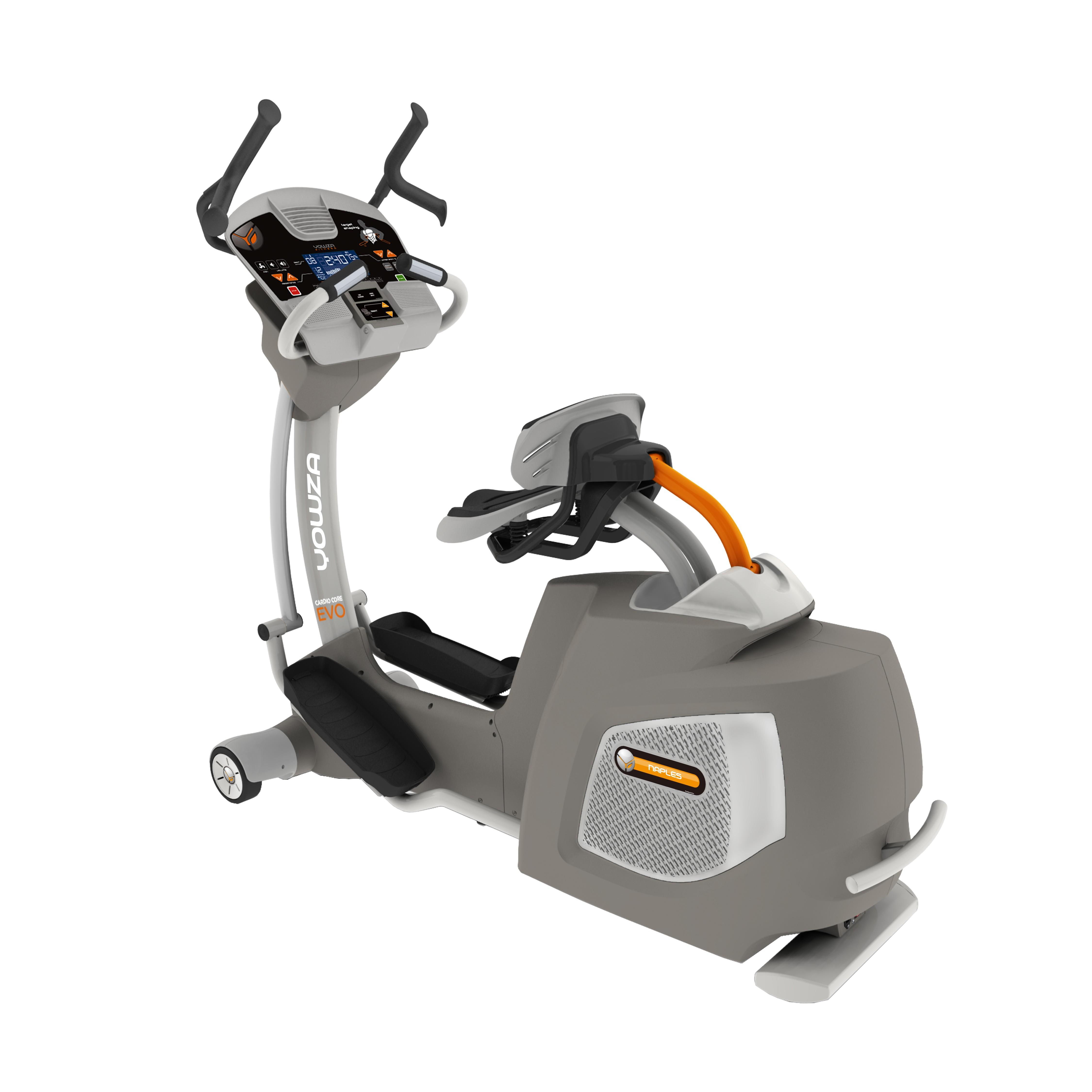 Angled view of a grey, silver, orange, and yellow exercise bike.
