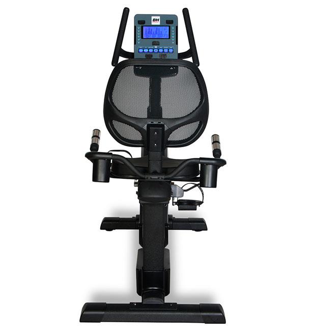 Black exercise bike with display console.