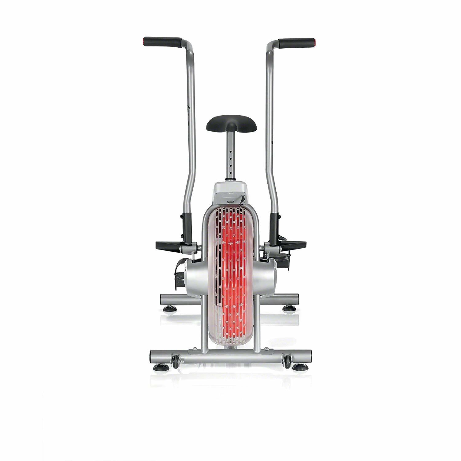 Back view of a silver, grey, and red exercise bike with an air resistance system.