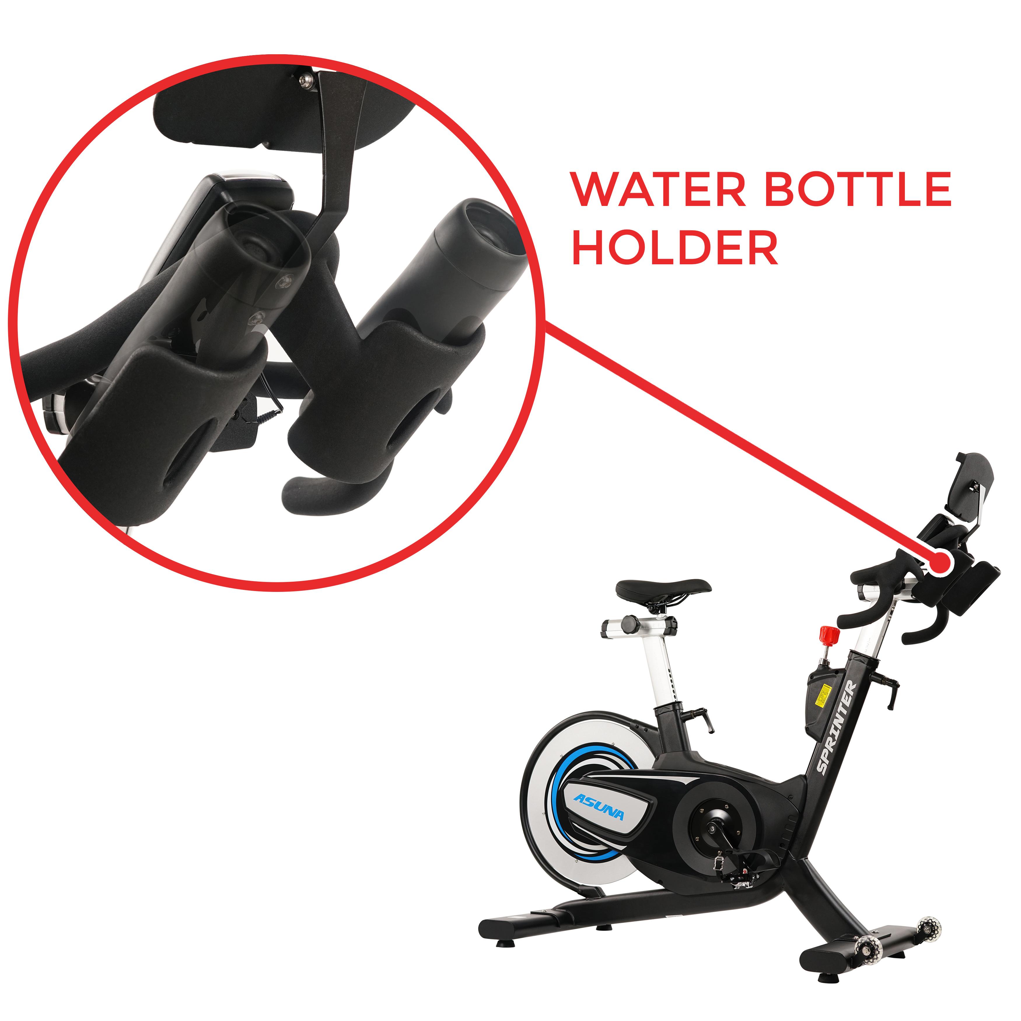 Closeup of water bottle holders on an exercise bike.